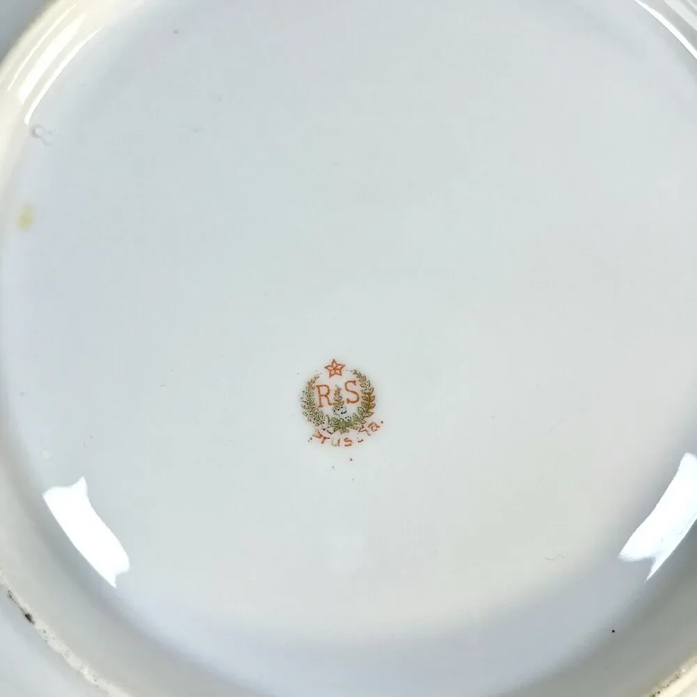 Antique R.S. Prussia Serving Bowl Roses Teal Panels Gold Gilt RED MARK (c. 1900)